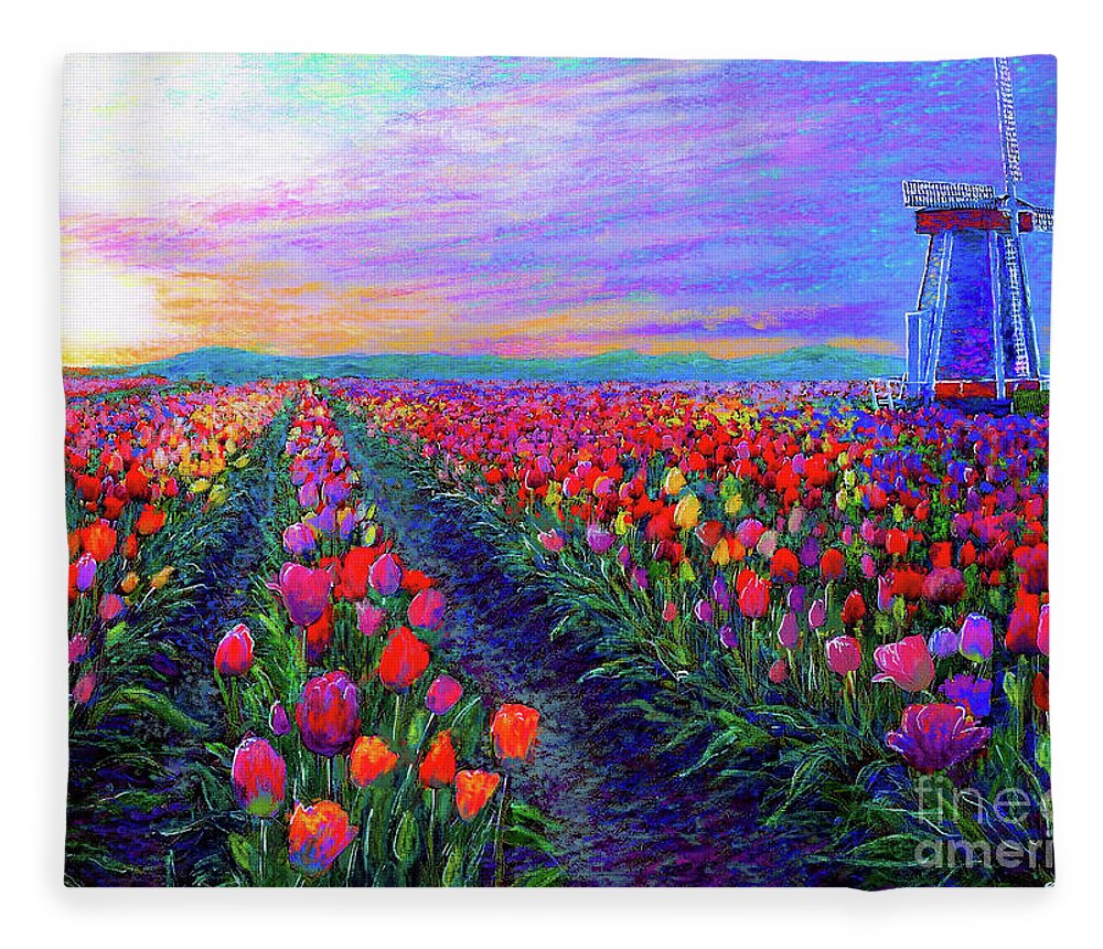 Landscape Fleece Blanket featuring the painting Tulip Fields, What Dreams May Come by Jane Small