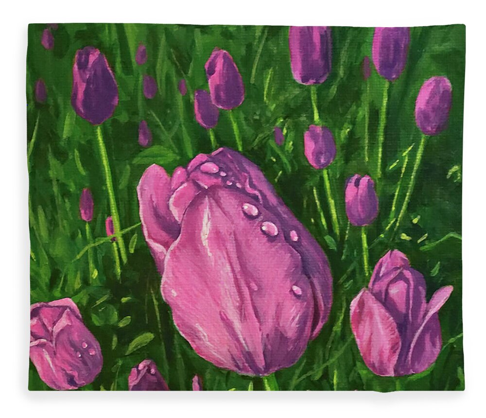  Fleece Blanket featuring the painting Tulip Garden by Sarra Elgammal