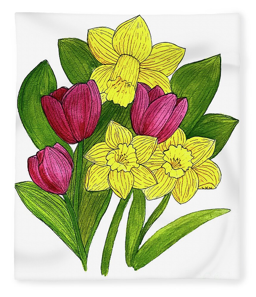 Daffodils Fleece Blanket featuring the mixed media Tulips and Daffodils by Lisa Neuman