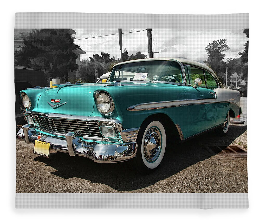 Car Fleece Blanket featuring the photograph Turquoise and white '56 Chevy Bel Air by Daniel Adams