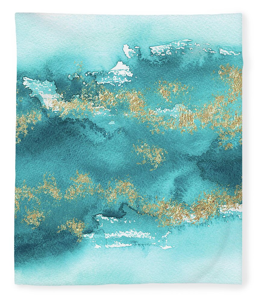 Turquoise Blue Fleece Blanket featuring the painting Turquoise Blue, Gold And Aquamarine by Garden Of Delights