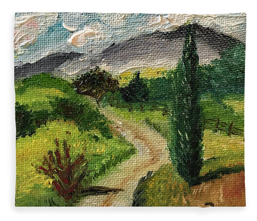 Tuscany Fleece Blanket featuring the painting Tuscan Winding Road by Roxy Rich