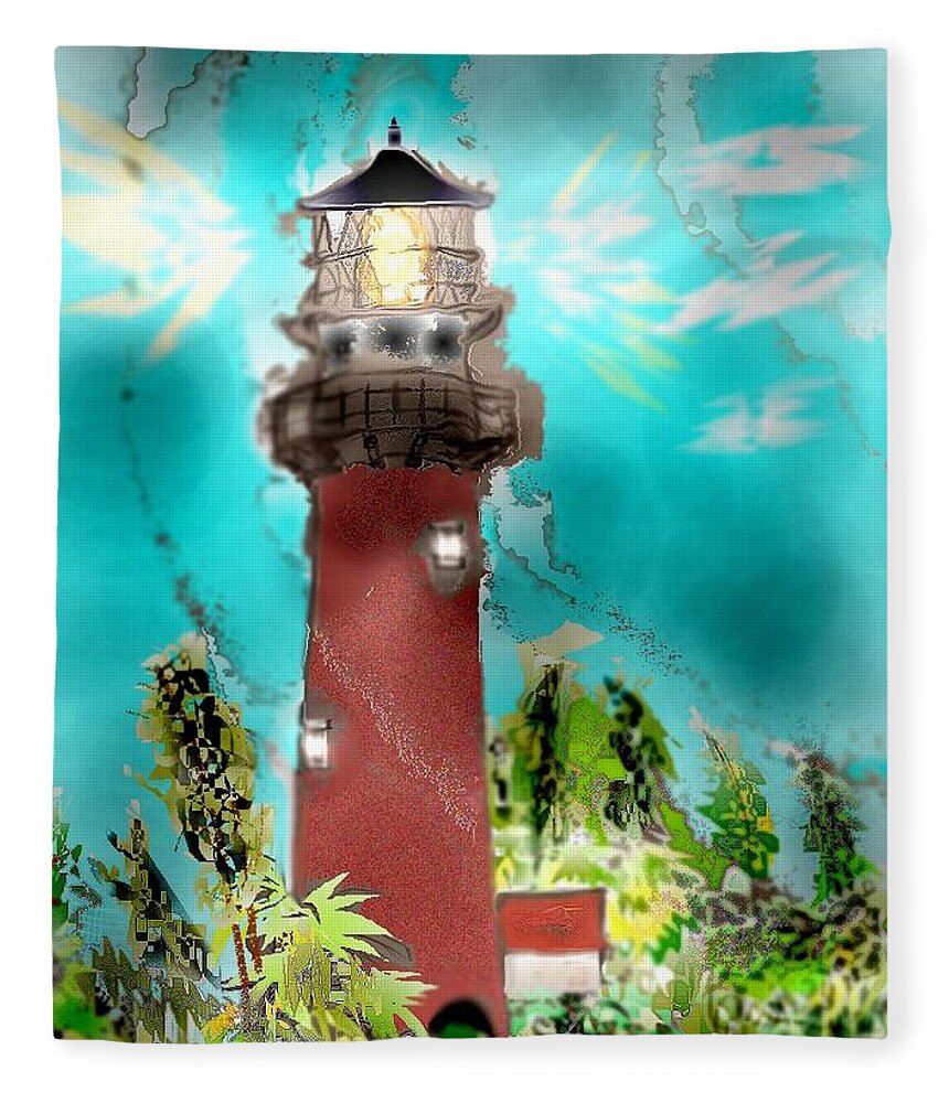 Jupiter Inlet Lighthouse Sketch Fleece Blanket featuring the mixed media Twilight Safe Harbor by Pamela Calhoun