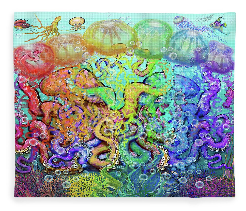 Octopi Fleece Blanket featuring the digital art Twisted Rainbow of Tentacles by Kevin Middleton