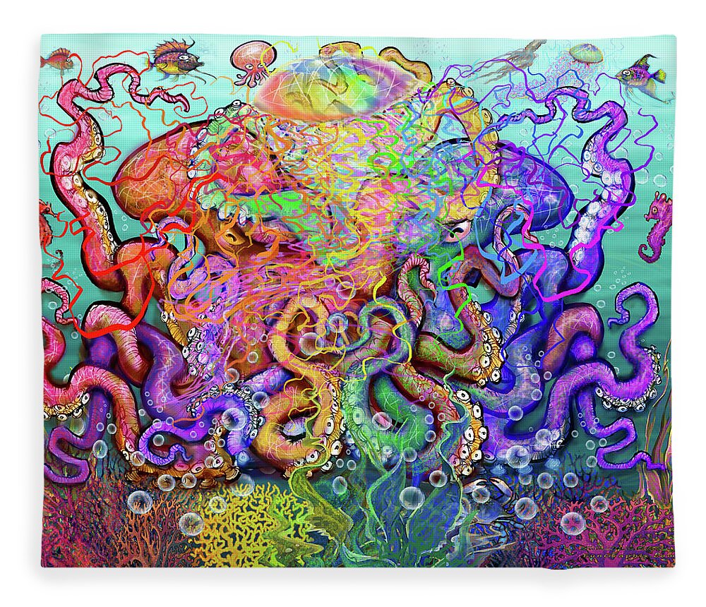 Octopus Fleece Blanket featuring the digital art Twisted Tango of Tentacles by Kevin Middleton