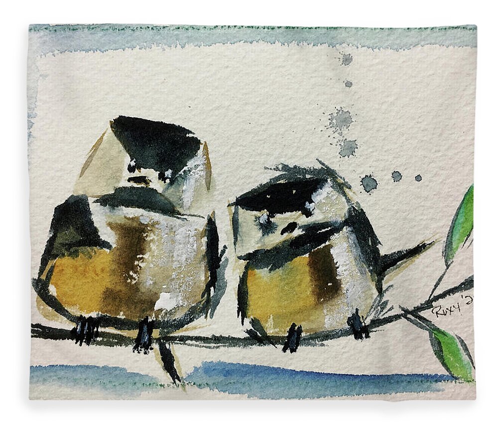 Grand Tit Fleece Blanket featuring the painting Two Fat Chickadees by Roxy Rich
