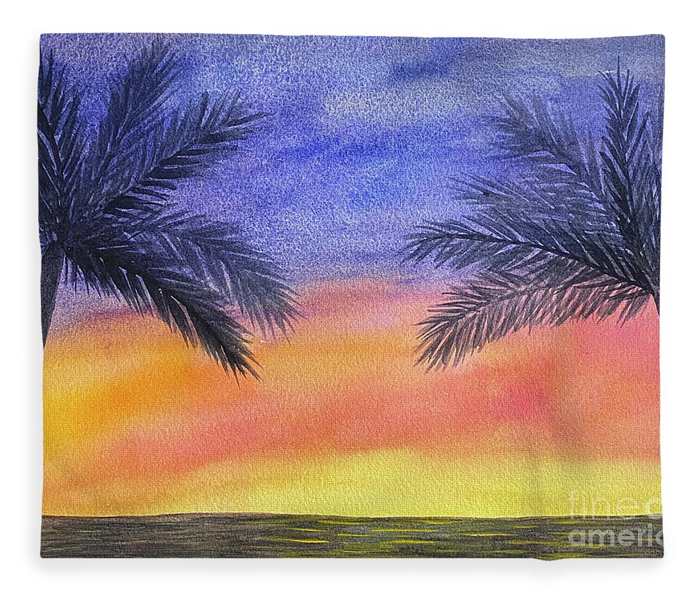 Palm Trees Fleece Blanket featuring the painting Two Palm Trees at Sunset by Lisa Neuman