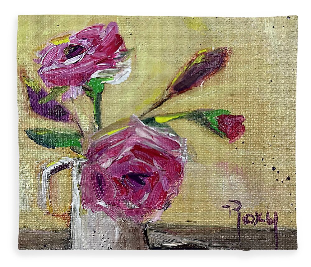 Rose Fleece Blanket featuring the painting Two Roses by Roxy Rich