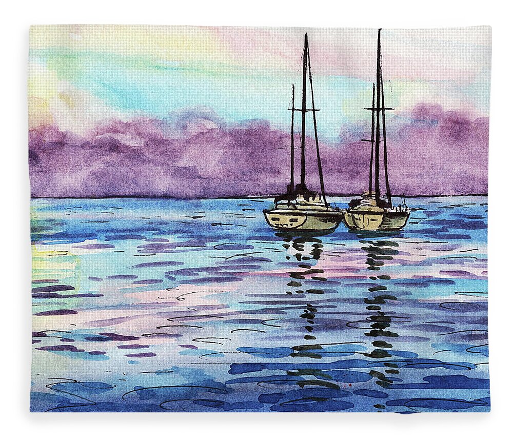 Boats Fleece Blanket featuring the painting Two Sailboats Resting In The Ocean Purple Clouds Watercolor Beach Art by Irina Sztukowski
