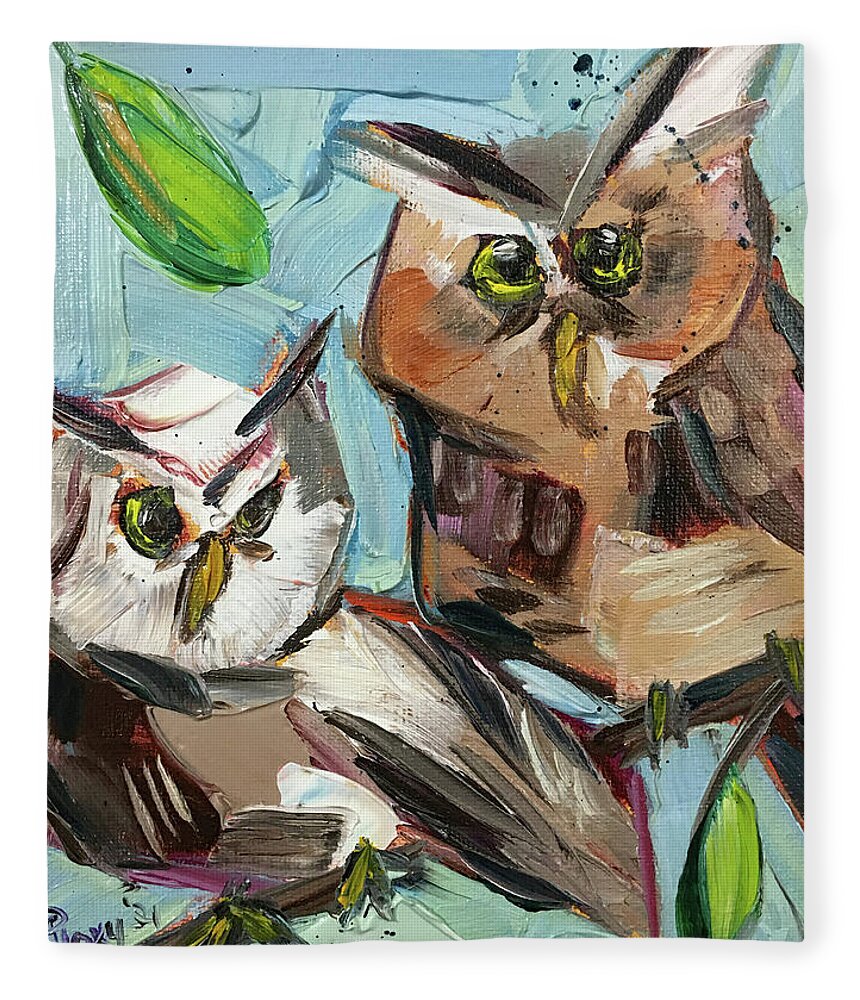 Owls Fleece Blanket featuring the painting Two Screech Owls by Roxy Rich