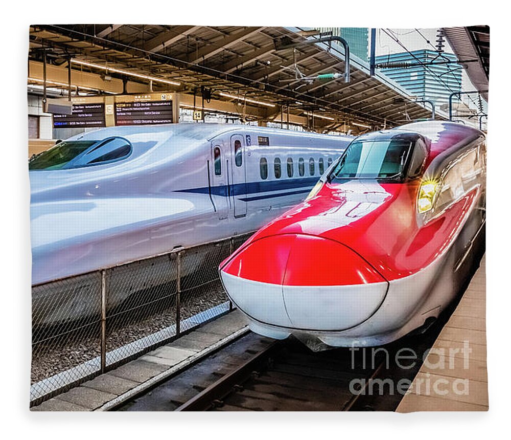 Shinkansen Fleece Blanket featuring the photograph Two Shinkansen at the Tokyo Station by Lyl Dil Creations