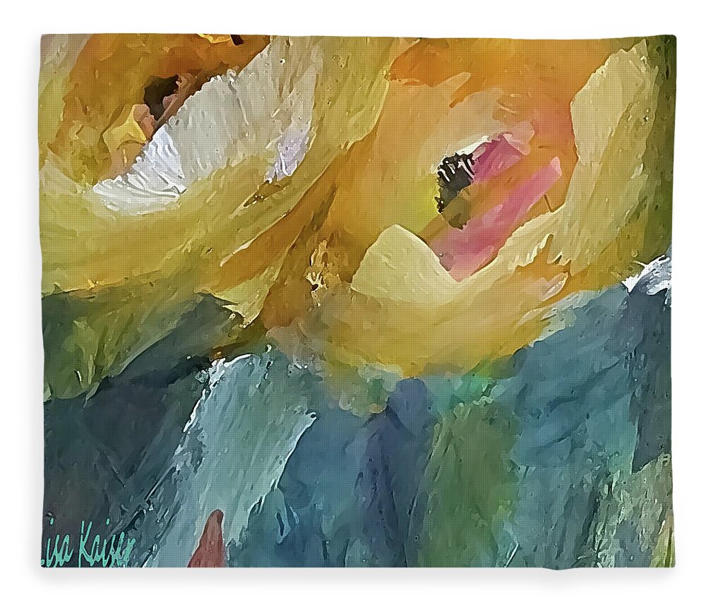 Impressionistic Fleece Blanket featuring the painting Two Small Yellow Flowers Looking Upward by Lisa Kaiser