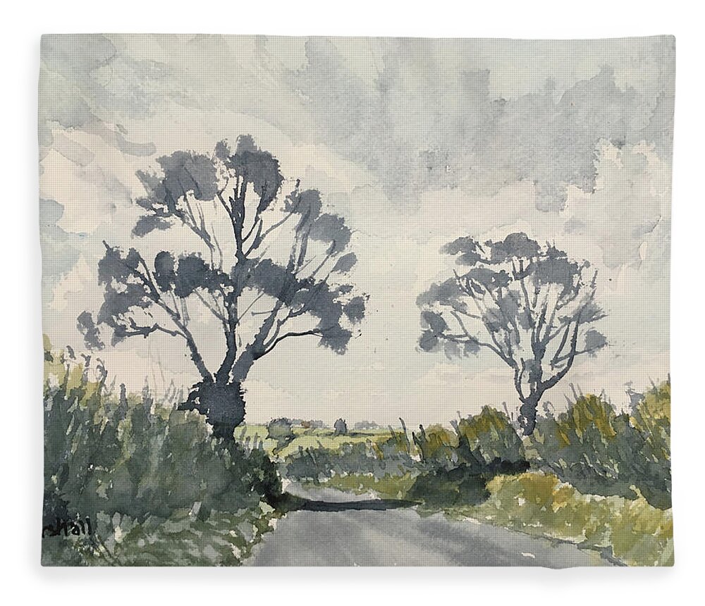 Watercolour Fleece Blanket featuring the painting Two Trees on Thwing Road by Glenn Marshall