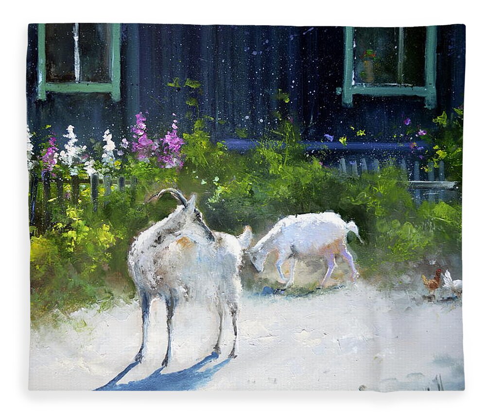 Russian Artists New Wave Fleece Blanket featuring the painting Two White Goats by Igor Medvedev