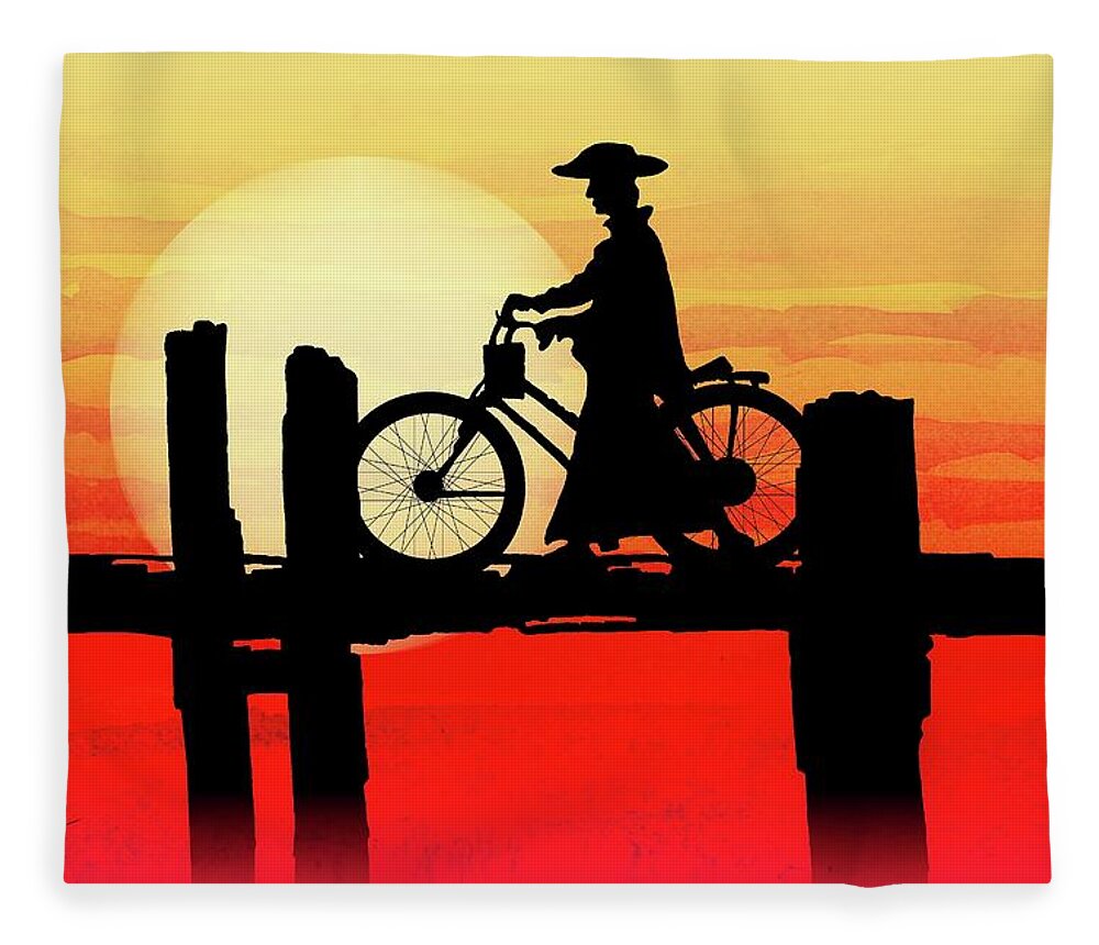 U Bein Bridge Fleece Blanket featuring the painting U Bein Bridge Bicycle by Simon Read