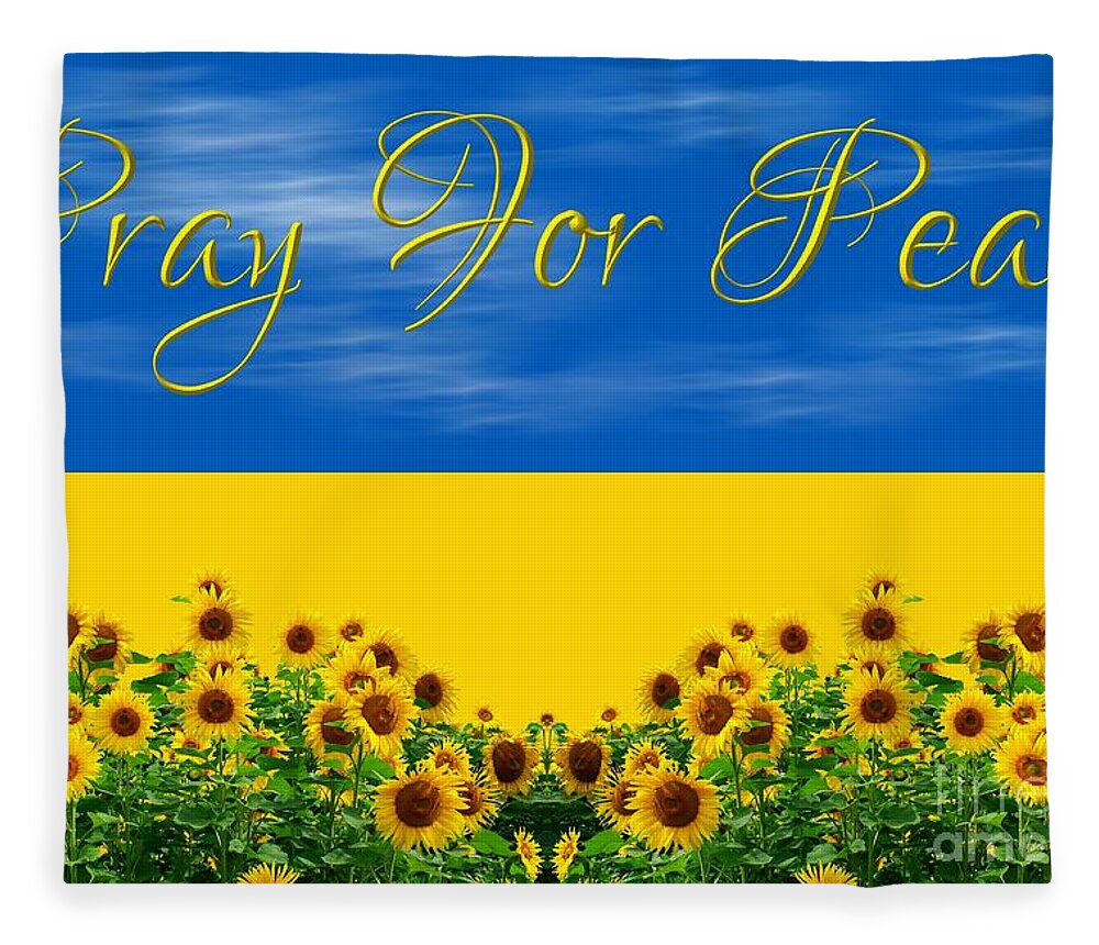 Ukraine Flag With Sky And Sunflowers Pray For Peace For Ukraine Charities Fleece Blanket featuring the mixed media Ukraine Flag with Sky and Sunflowers Pray for Peace for Ukraine Charities by Rose Santuci-Sofranko