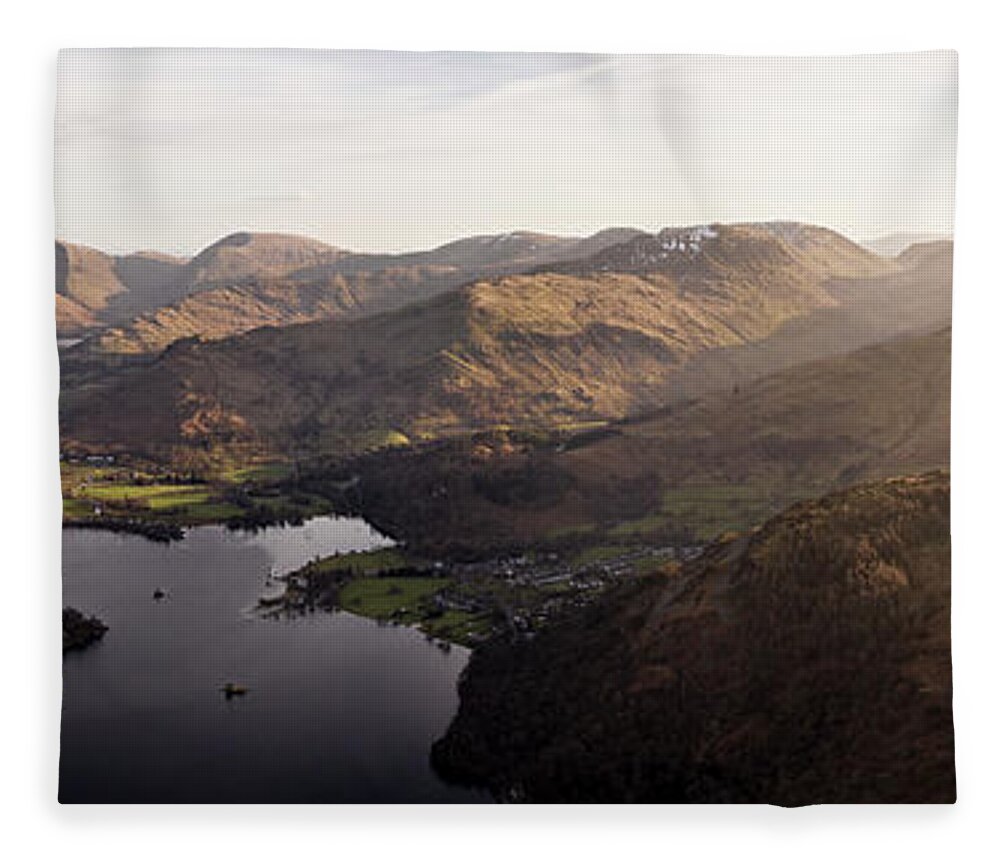 Panorama Fleece Blanket featuring the photograph Ullswater and Glenridding Aerial Lake District 2 by Sonny Ryse