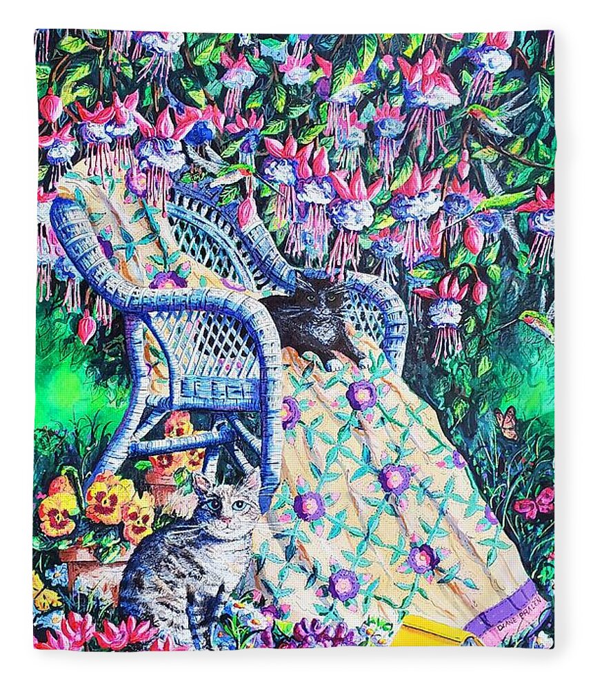 Fuchsia Fleece Blanket featuring the painting Under the Fuchsia by Diane Phalen