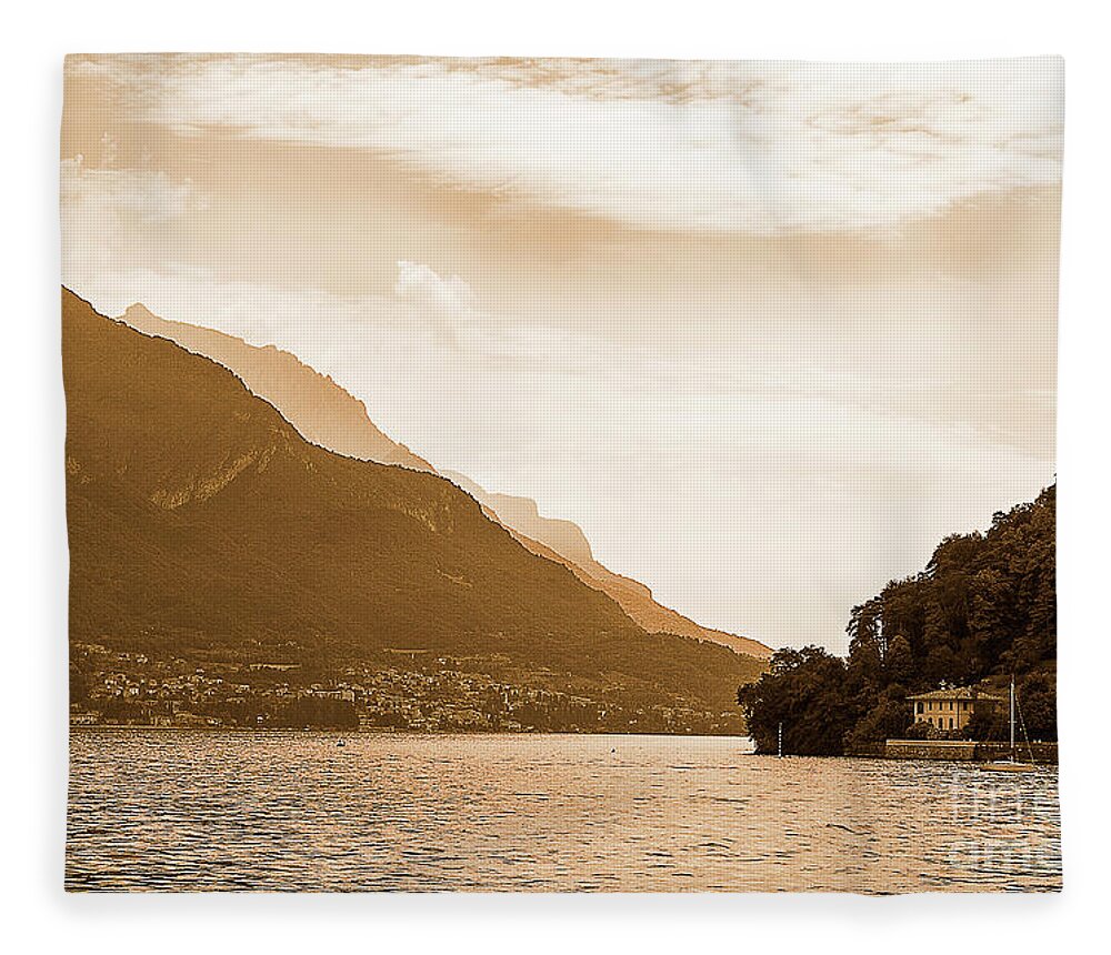  Promontory Fleece Blanket featuring the photograph Unfurling Sepia Perspective of Lake Como by Brenda Kean