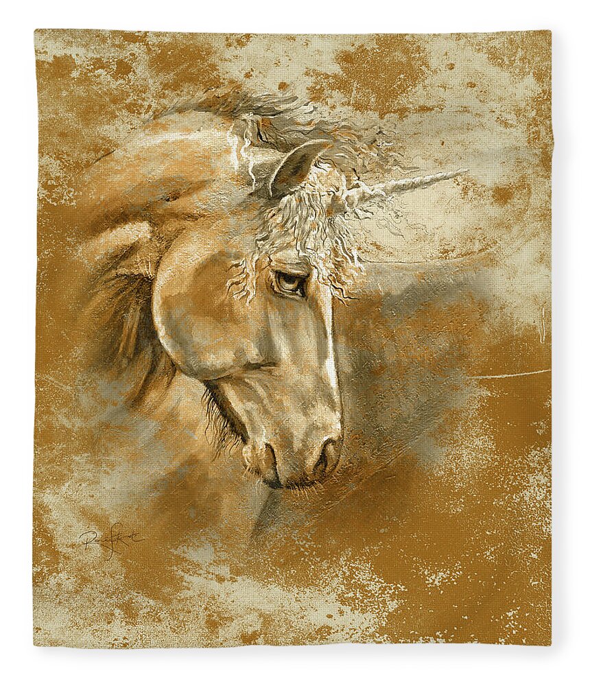 Unicorns Fleece Blanket featuring the mixed media Unicorn of Golden Memories by Renee Forth-Fukumoto