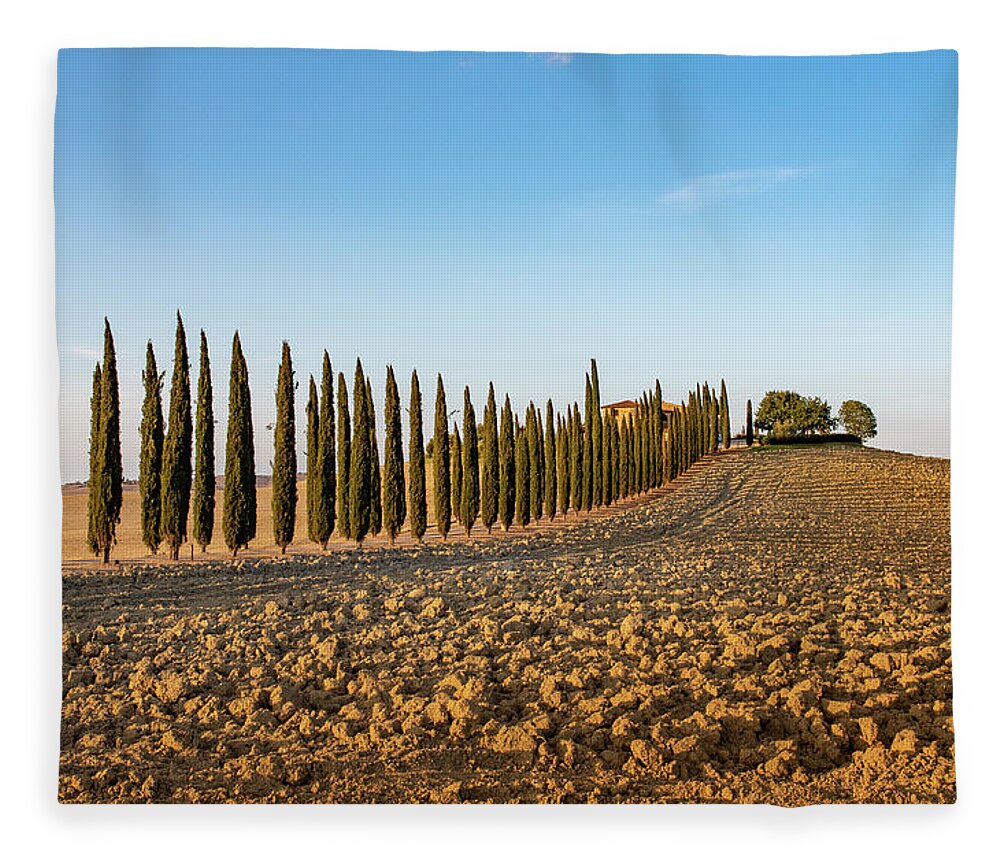 Orcia Fleece Blanket featuring the pyrography Val d'Orcia, famous group of cypress trees in Tuscany, Italy by Eleni Kouri