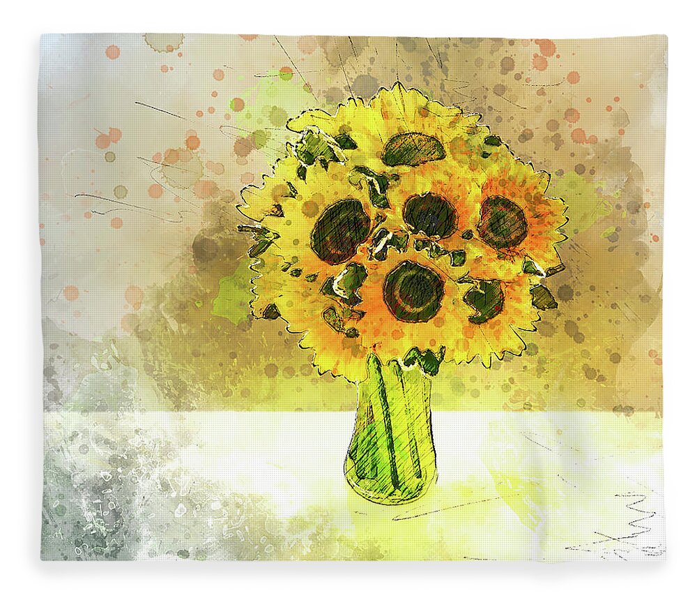 Vase Of Sunflowers Fleece Blanket featuring the mixed media Vase of Sunflowers by Pheasant Run Gallery