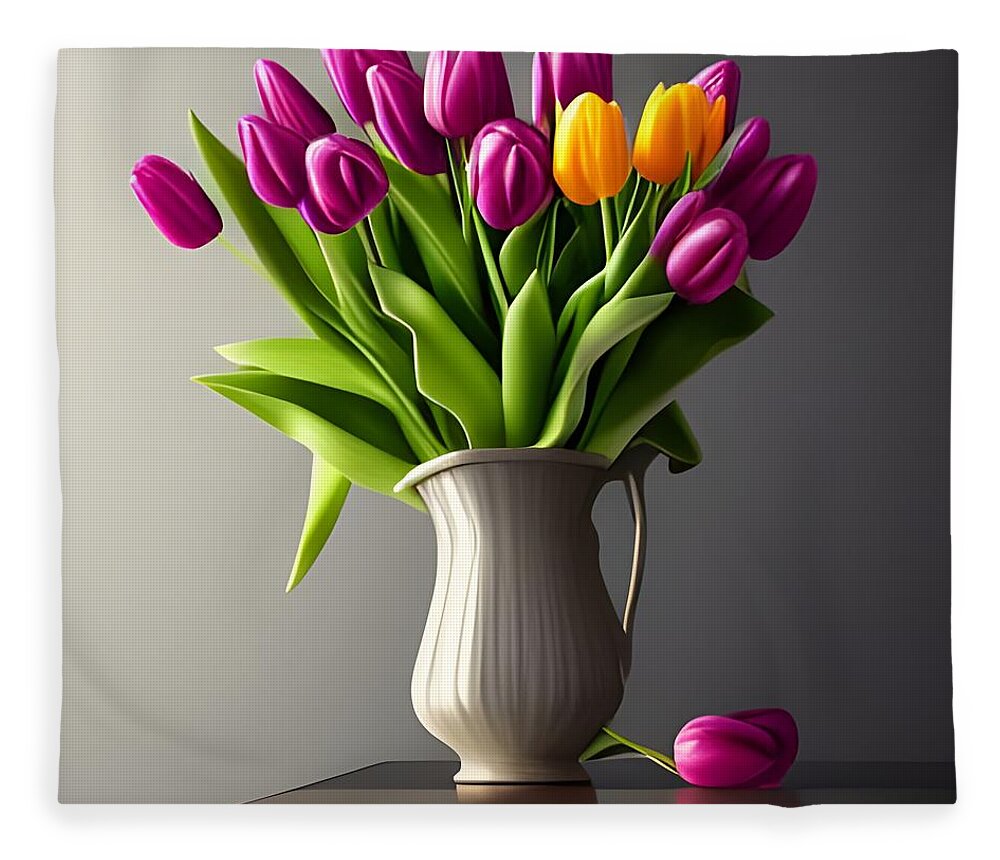 Tulips Fleece Blanket featuring the digital art Vase of Tulips by Katrina Gunn