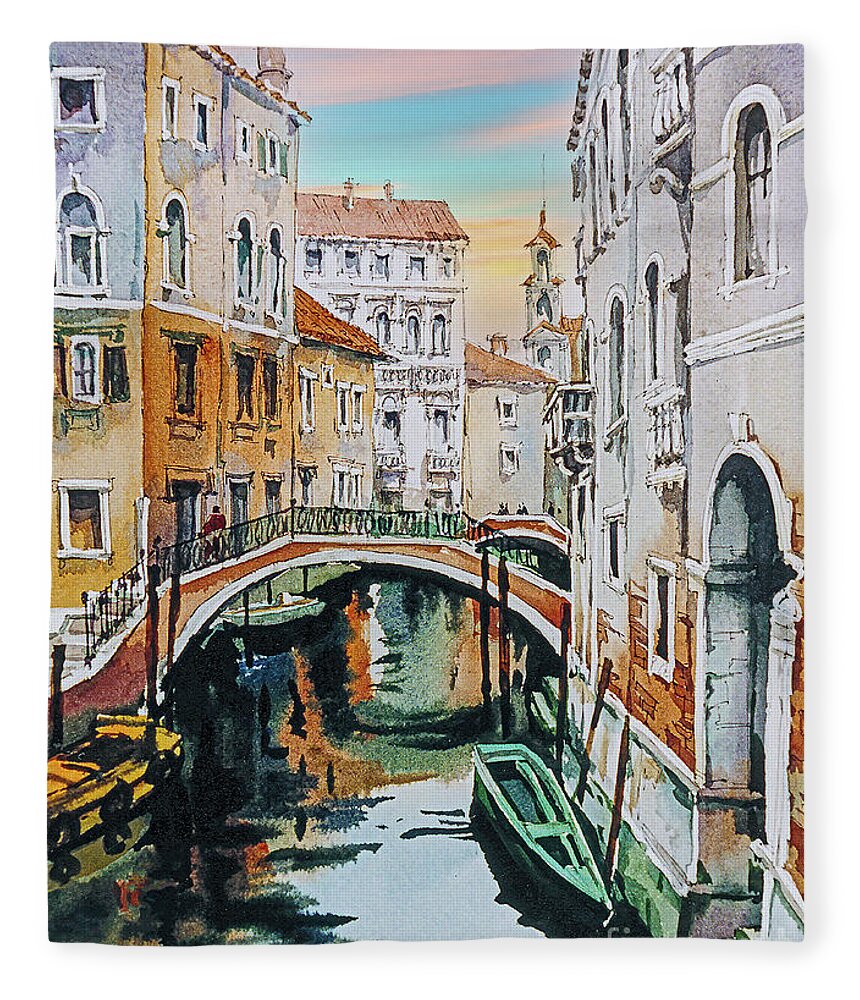Venice Fleece Blanket featuring the digital art Venetian Canal by Maria Rabinky