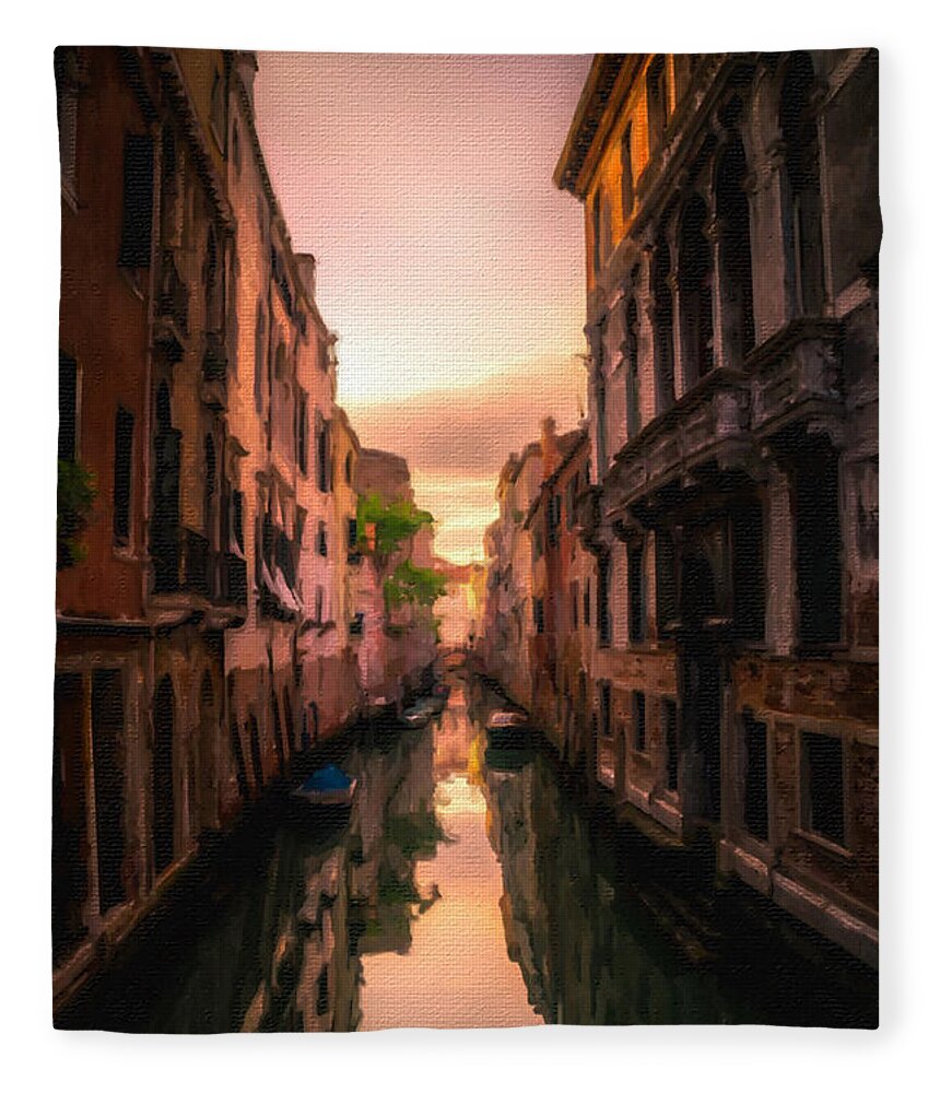 Venice Fleece Blanket featuring the painting Venice Canal Italy by Tony Rubino