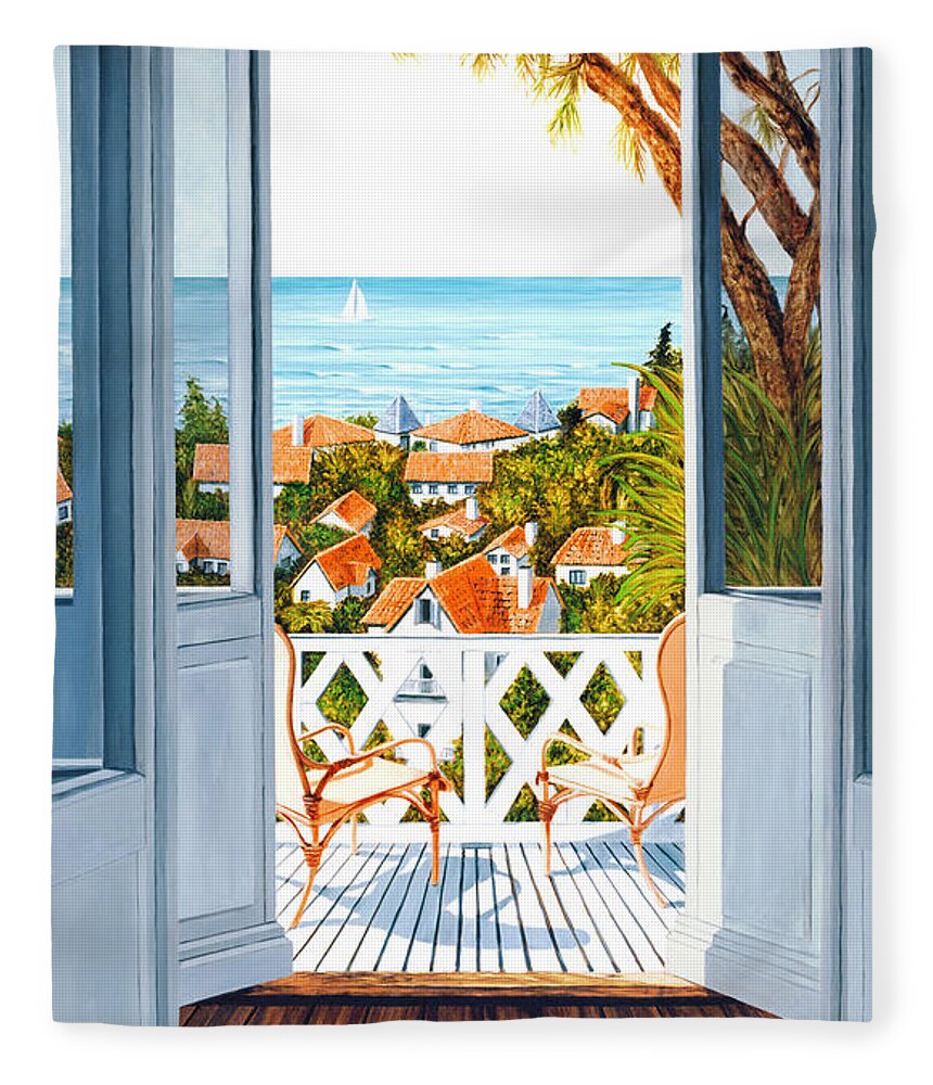 Rivera Fleece Blanket featuring the painting VERANDA VIEW print -taller-view by Mary Grden