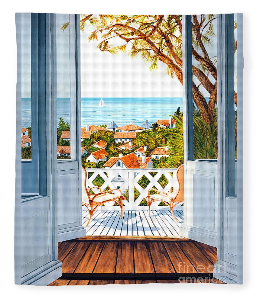 Large Prints Fleece Blanket featuring the painting VERANDA VIEW -print -wider format by Mary Grden