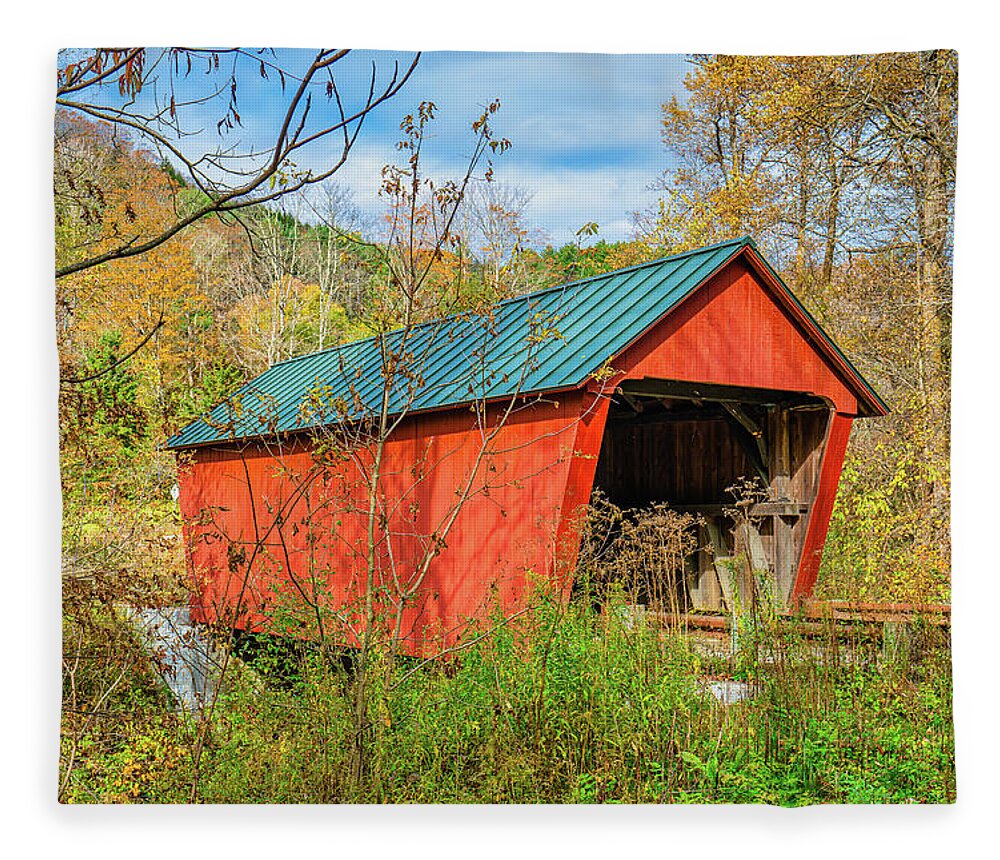 Bridge Fleece Blanket featuring the photograph Vermont Autumn at Braley Covered Bridge by Ron Long Ltd Photography