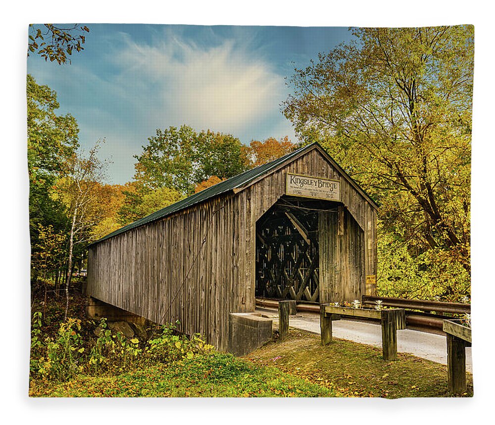 Bridge Fleece Blanket featuring the photograph Vermont Autumn at Kingsbury Covered Bridge 3 by Ron Long Ltd Photography