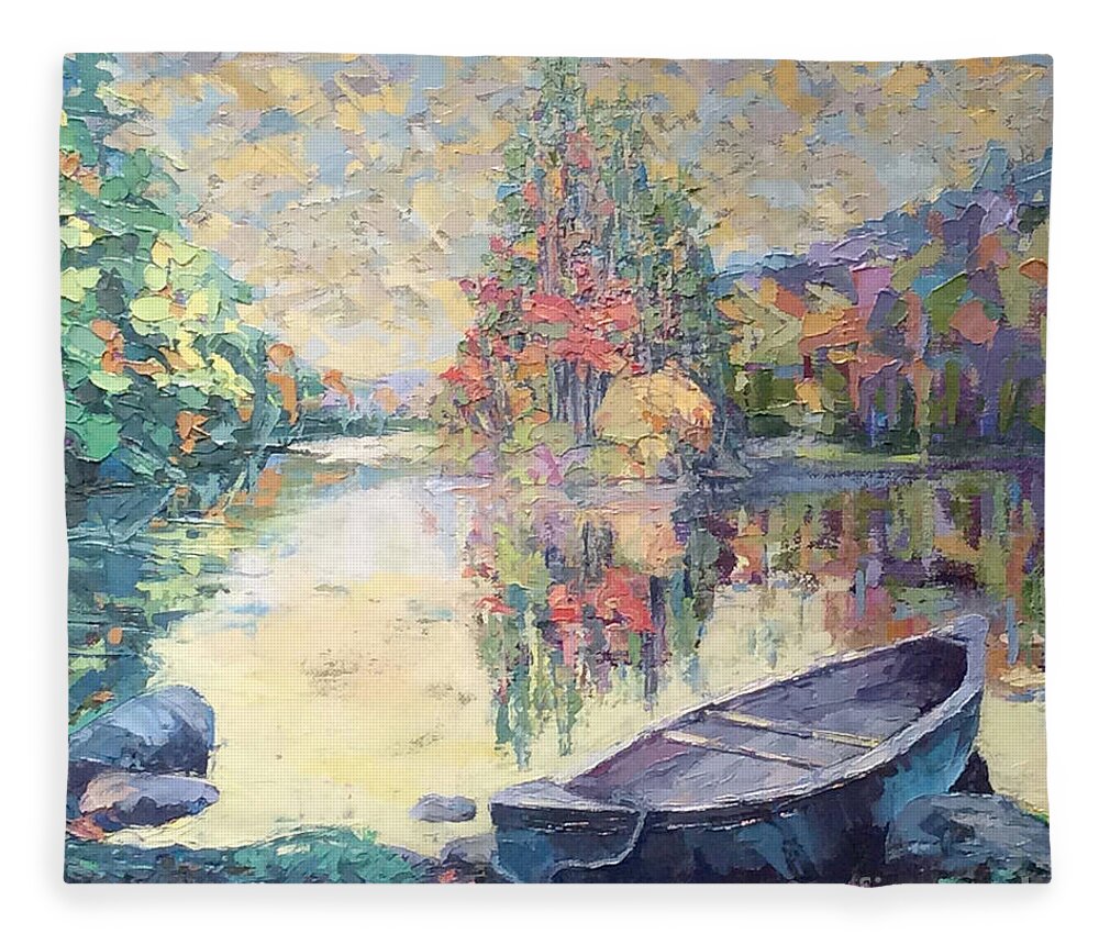 Canoe Fleece Blanket featuring the painting Vermont Canoe Trip by PJ Kirk