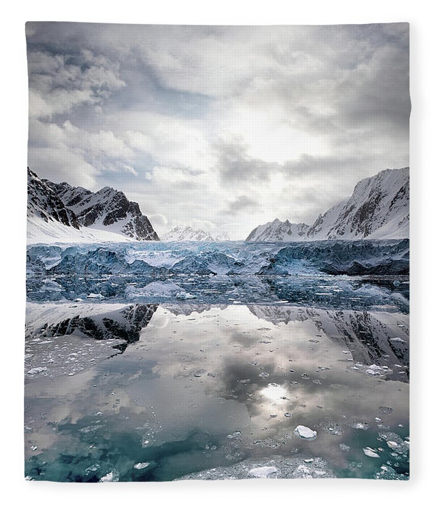 Landscape Fleece Blanket featuring the photograph Vertical panorama of Kongsvegen glacier in Svalbard by Jane Rix