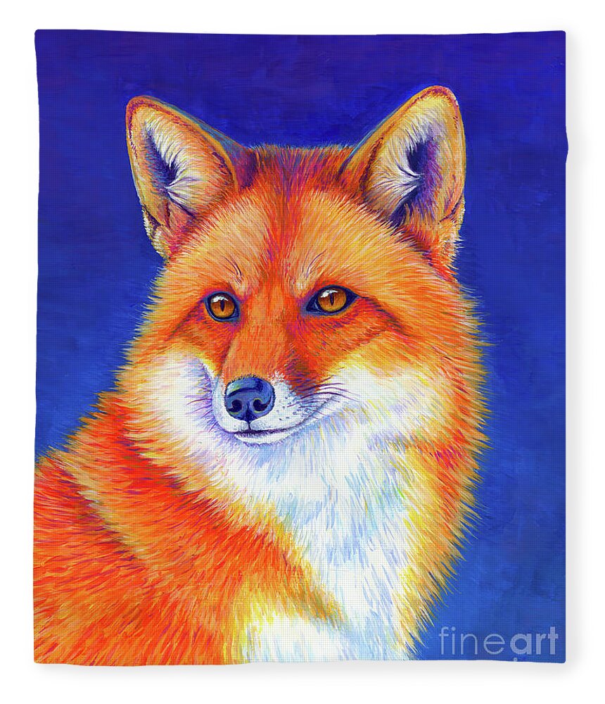 Red Fox Fleece Blanket featuring the painting Vibrant Flame - Colorful Red Fox by Rebecca Wang
