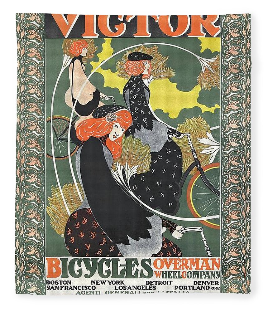 Art Nouveau Fleece Blanket featuring the painting Victor Bicycles Overman Wheel 1896 Poster by Vincent Monozlay