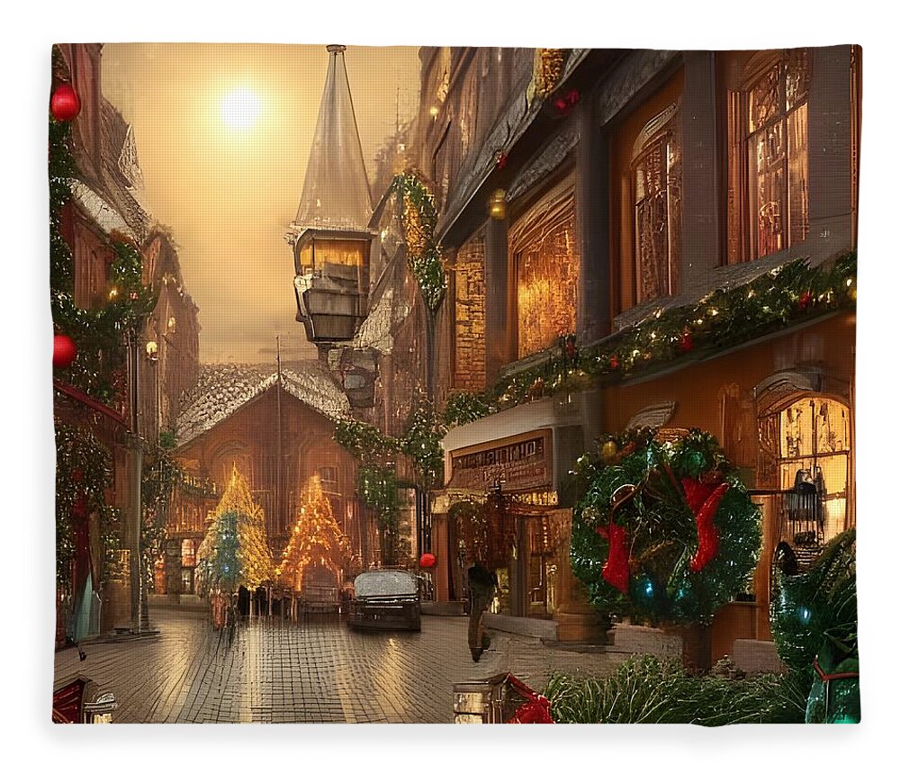 Christmas Fleece Blanket featuring the digital art Victorian Christmas Scene by Katrina Gunn