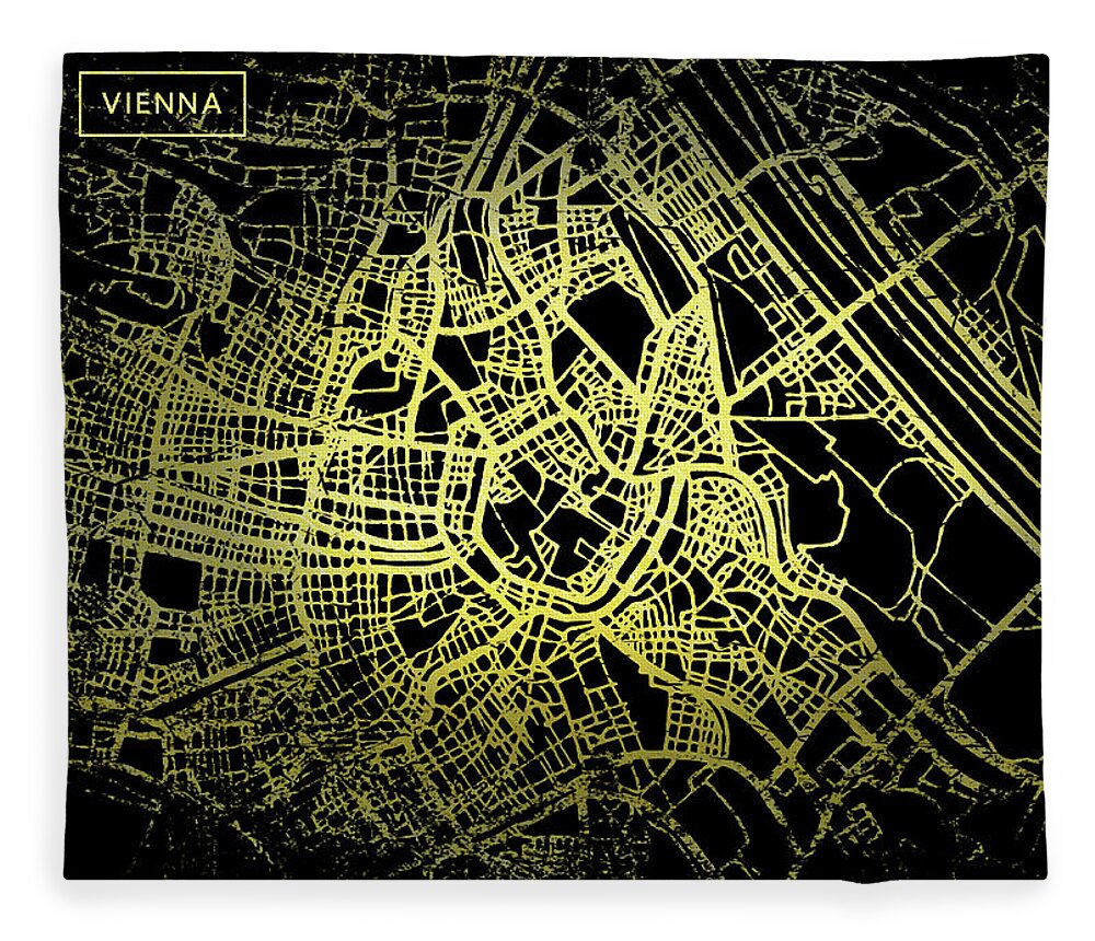 Map Fleece Blanket featuring the digital art Vienna Map in Gold and Black by Sambel Pedes