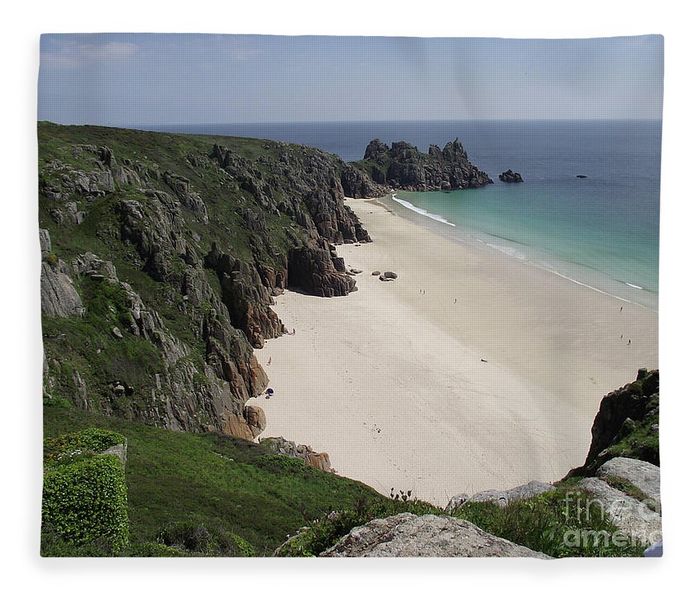 Beach Fleece Blanket featuring the photograph View of Porthcurno Cove by Jayne Wilson