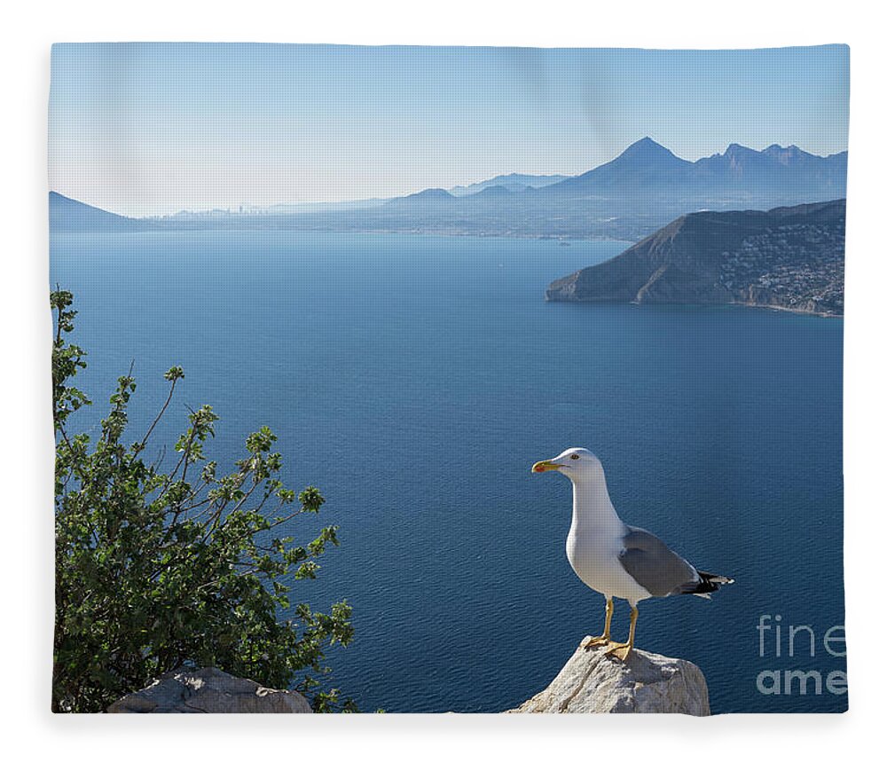 Seagull Fleece Blanket featuring the photograph View of the Mediterranean Sea and towards Benidorm by Adriana Mueller
