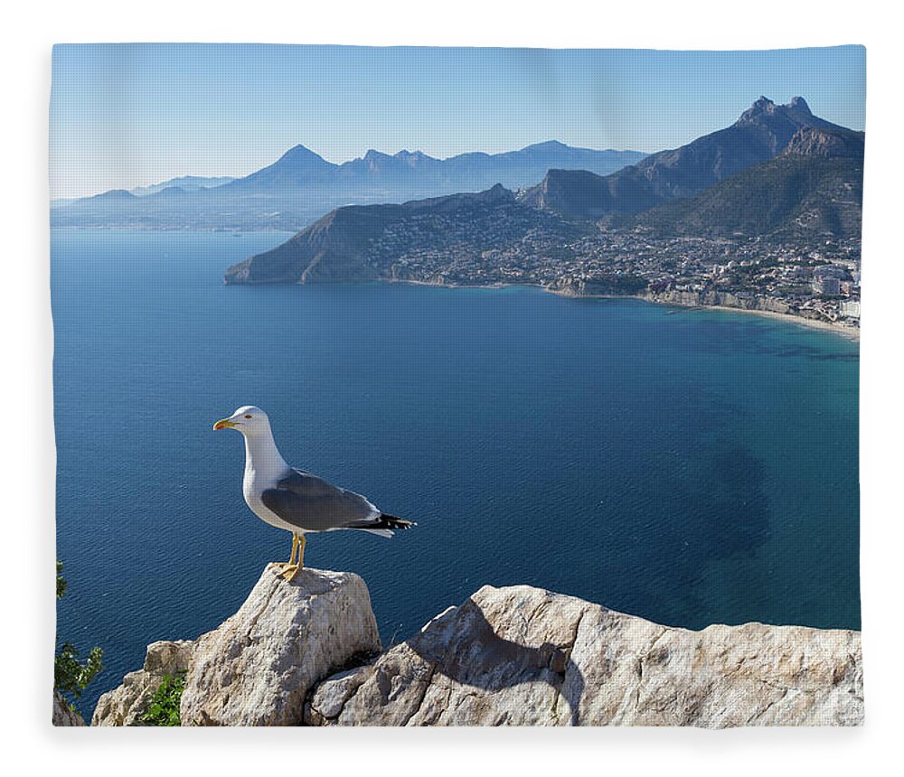 Seagull Fleece Blanket featuring the photograph View towards the mountains of the Mediterranean coast by Adriana Mueller