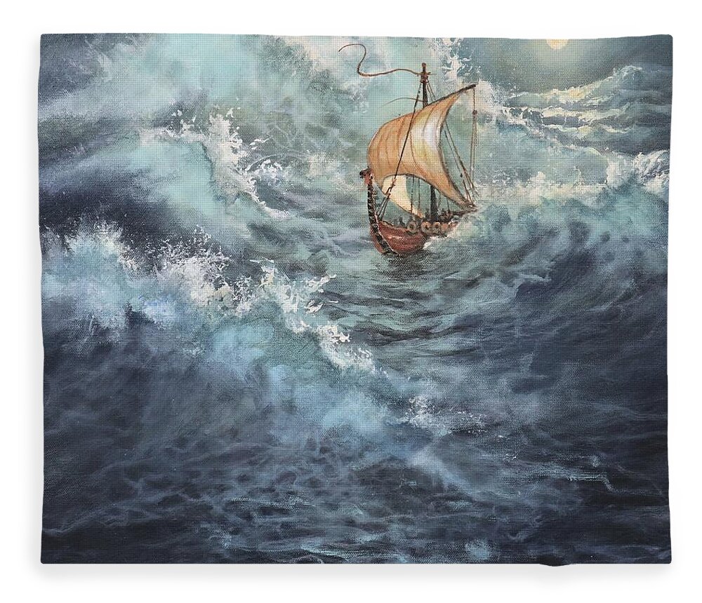 Vikings Fleece Blanket featuring the painting Viking Longship by Tom Shropshire