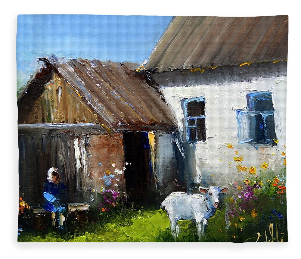 Russian Artists New Wave Fleece Blanket featuring the painting Village Life by Igor Medvedev