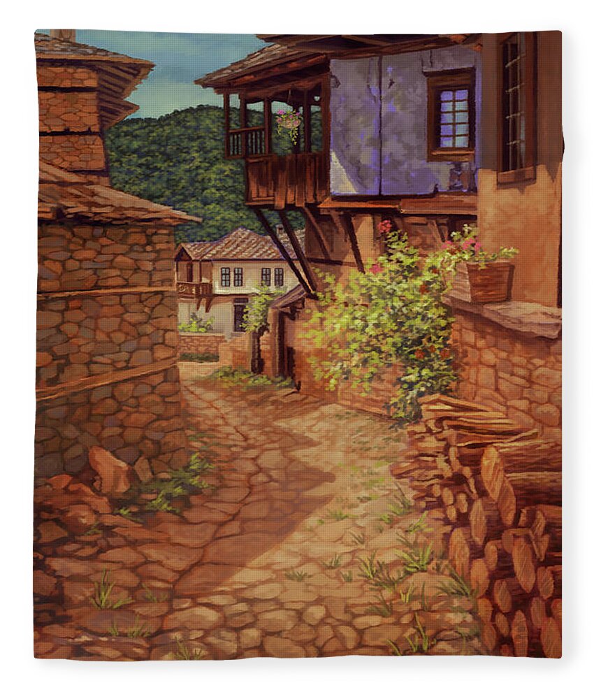 Village Street Fleece Blanket featuring the painting Village Street by Hans Neuhart
