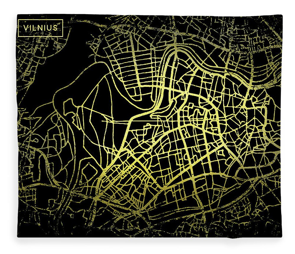 Map Fleece Blanket featuring the digital art Vilnius Map in Gold and Black by Sambel Pedes