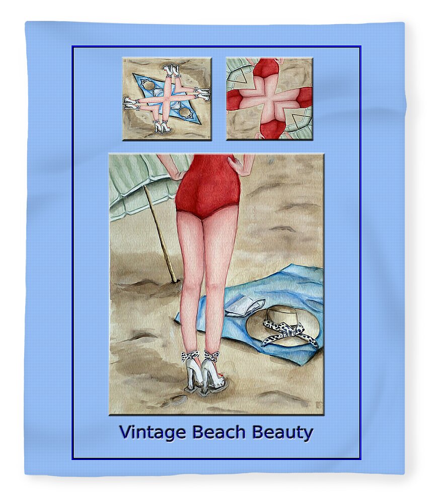 Beach Fleece Blanket featuring the mixed media Vintage Beach Beauty Poster by Ronald Mills