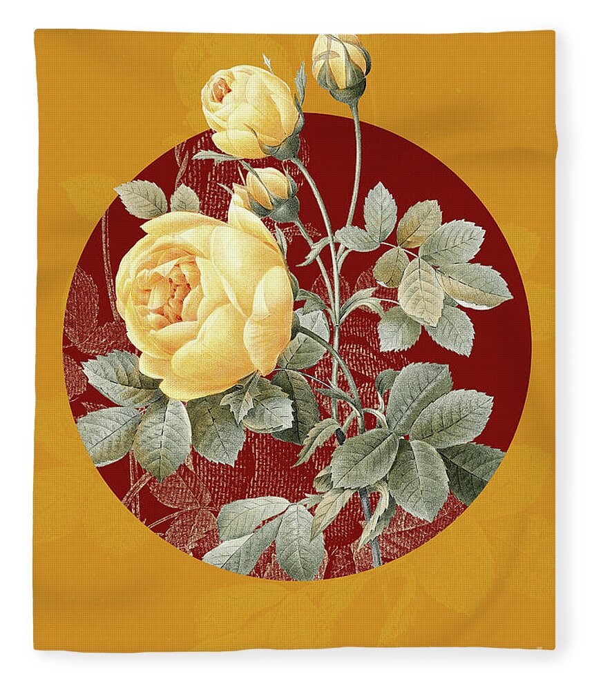 Vintage Fleece Blanket featuring the painting Vintage Botanical Yellow Rose on Circle Red on Yellow by Holy Rock Design