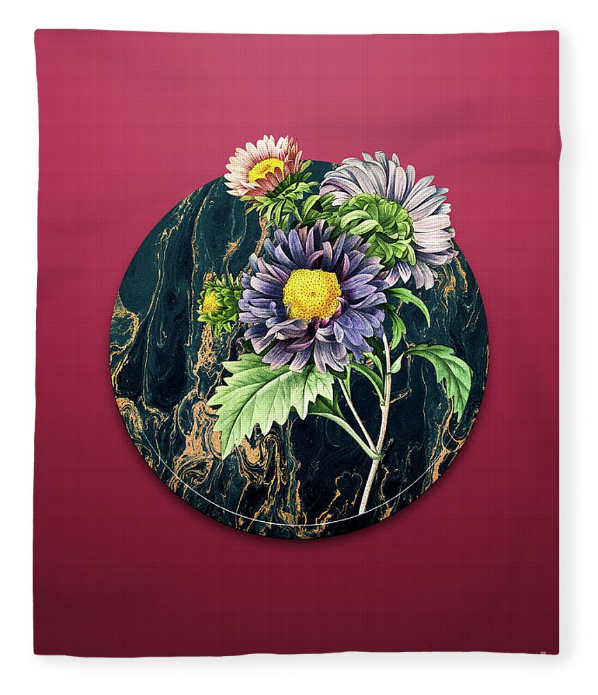 Vintage Fleece Blanket featuring the painting Vintage China Aster Art in Gilded Marble on Viva Magenta by Holy Rock Design