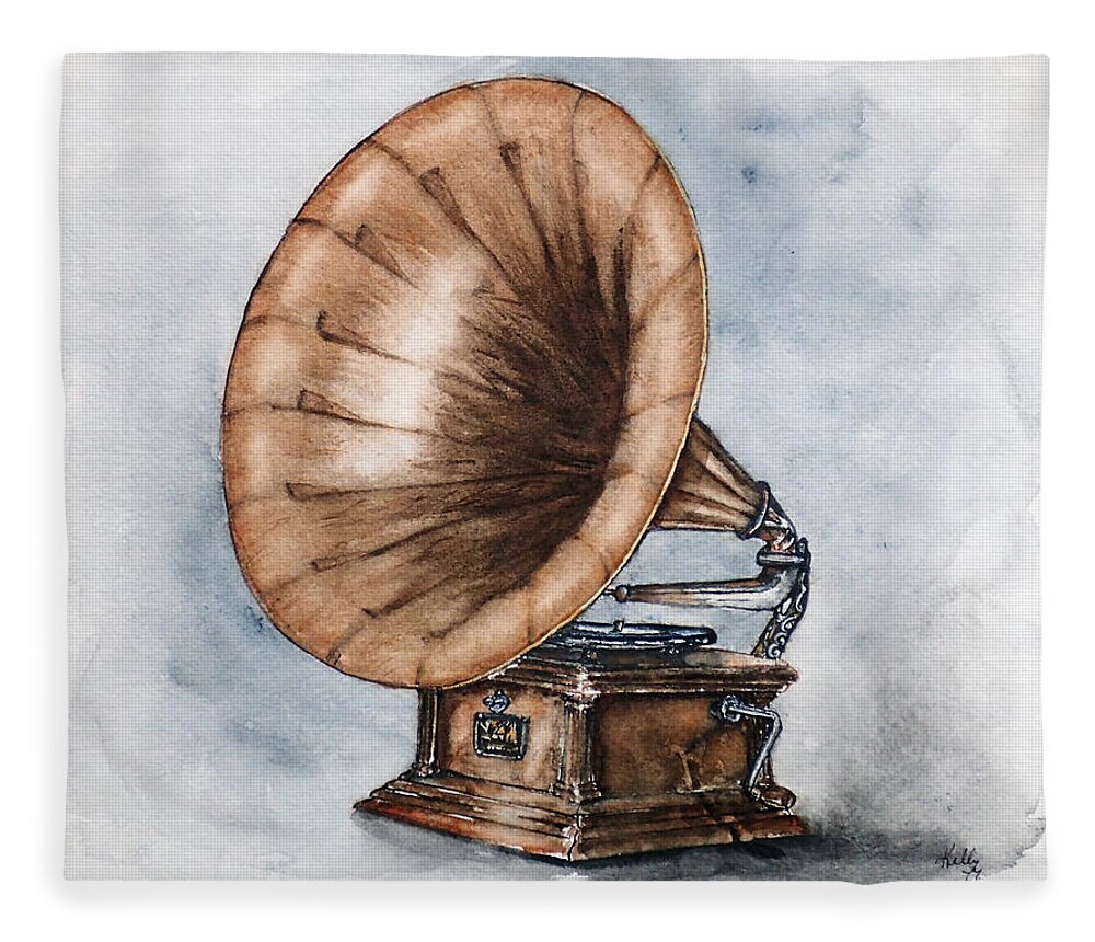 Gramophone Fleece Blanket featuring the painting Vintage Gramophone by Kelly Mills